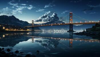 ai generiert berühmt Brücke spiegelt Stadtbild beim Dämmerung, beleuchtet durch Blau Sonnenuntergang generiert durch ai foto