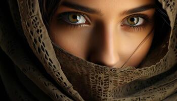 ai generiert schön jung Frau im Hijab suchen sinnlich beim das Kamera generiert durch ai foto