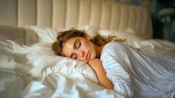 ai generiert ein jung Frau Schlafen im ein weiß Blau gestreift Schlafanzug auf ein Weiß Bett im das Zimmer , ai generiert foto