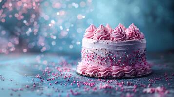 ai generiert Pastell- glücklich Geburtstag Kuchen gegen ein Blau Hintergrund , ai generiert foto