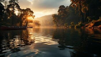 ai generiert still Szene Sonnenuntergang spiegelt auf still Teich, Natur Schönheit generiert durch ai foto