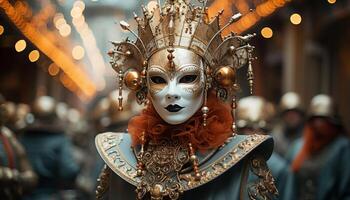 ai generiert Frauen im aufwendig venezianisch Kostüme feiern beim ein maskiert Karneval generiert durch ai foto