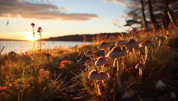 ai generiert Sonnenuntergang Über das Wiese, Natur Schönheit im Herbst schließen oben generiert durch ai foto