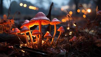 ai generiert glühend Orange Pilz Kappen erleuchten Herbst Wald beim Dämmerung generiert durch ai foto