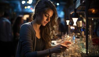 ai generiert jung Frauen genießen Getränke beim ein beleuchtet Bar im das Stadt generiert durch ai foto