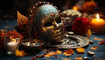 ai generiert Halloween Feier gespenstisch Maske, Kerzenlicht, und Herbst Farben generiert durch ai foto