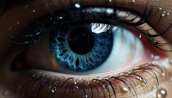ai generiert Blau Iris starren, Mensch Auge Aufpassen, futuristisch Betrachtung von Schönheit generiert durch ai foto