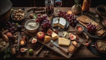ai generiert rustikal Tabelle mit Gourmet Snacks Wein, Käse, brot, Obst generiert durch ai foto