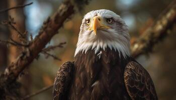 ai generiert majestätisch kahl Adler sich niederlassen auf Zweig, Symbol von Freiheit generiert durch ai foto