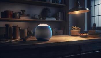 ai generiert modern Design, elegant Tisch, beleuchtet durch elektrisch Lampe drinnen generiert durch ai foto