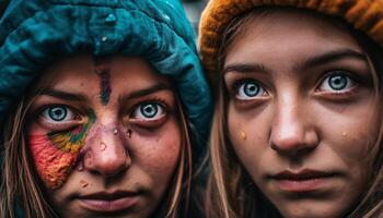 ai generiert zwei jung Erwachsene kaukasisch Frauen lächelnd draußen, suchen beim Kamera generiert durch ai foto