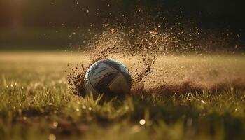 ai generiert spielen Fußball auf ein Grün Feld unter das Sommer- Sonnenuntergang generiert durch ai foto