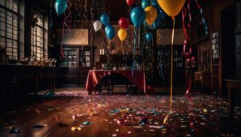 ai generiert ein beschwingt Feier mit Luftballons, Konfetti, und bunt Dekorationen generiert durch ai foto