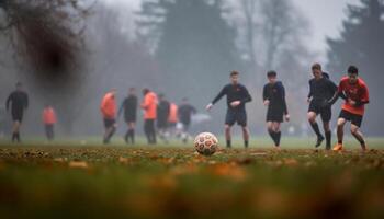 ai generiert Männer spielen Fußball draußen auf ein Gras Feld, treten Ball generiert durch ai foto