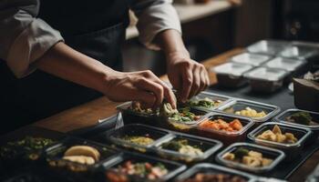 ai generiert ein Mann vorbereiten ein gesund Vegetarier Salat im das Küche generiert durch ai foto