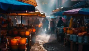 ai generiert Männer Arbeiten draußen im ein Straße Markt Verkauf berühmt Kunsthandwerk generiert durch ai foto