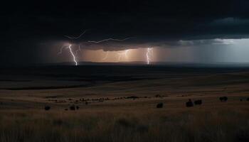 ai generiert dunkel Nacht, Gewitter Über Berg Bereich, Natur Elektrizität Funken Achtung generiert durch ai foto