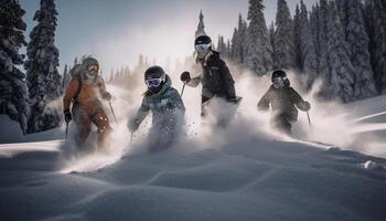 ai generiert zwei Männer Skifahren im das Schnee, genießen das Winter Abenteuer generiert durch ai foto