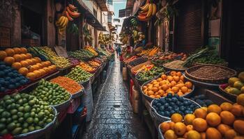 ai generiert frisch Früchte und Gemüse, ein beschwingt Markt von gesund Vielfalt generiert durch ai foto