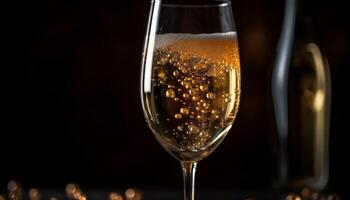 ai generiert Luxus Feier Champagner Glas spiegelt golden Luftblasen im dunkel Hintergrund generiert durch ai foto