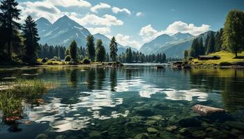 ai generiert majestätisch Berg Angebot spiegelt still Blau Teich im Natur generiert durch ai foto