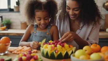 ai generiert lächelnd Mutter und Tochter vorbereiten gesund Essen im Küche generiert durch ai foto