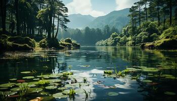 ai generiert still Szene Grün Wiese, reflektieren Teich, majestätisch Berg Angebot generiert durch ai foto