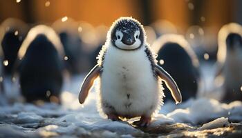 ai generiert süß Pinguin watscheln auf Schnee, suchen beim Kamera im Arktis generiert durch ai foto