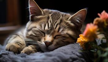 ai generiert süß Kätzchen Schlafen, Natur Schönheit im ein weich, flauschige Porträt generiert durch ai foto