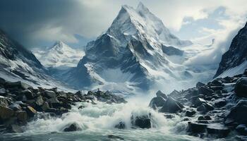 ai generiert majestätisch Berg Gipfel, Schnee bedeckt Landschaft, eisig Felsen, fließend Wasser generiert durch ai foto