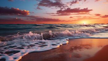 ai generiert Sonnenuntergang Über das Wasser, Natur Schönheit reflektiert im still Wellen generiert durch ai foto