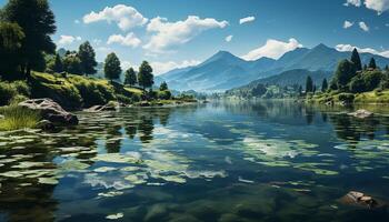 ai generiert still Wiese spiegelt Berg Gipfel im heiter Blau Teich generiert durch ai foto