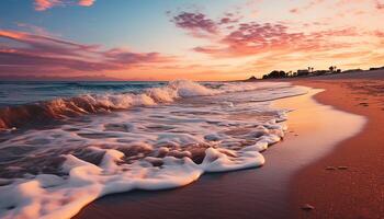 ai generiert Sonnenuntergang Über das Meer, Natur Schönheit reflektiert im still Wellen generiert durch ai foto