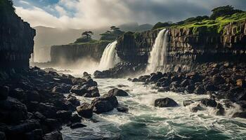 ai generiert majestätisch Wasserfall fließt durch felsig Landschaft, Natur atemberaubend Schönheit generiert durch ai foto