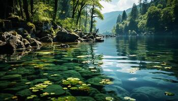 ai generiert still Szene von Grün Wald, Berg, und fließend Wasser generiert durch ai foto