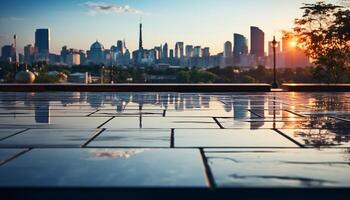 ai generiert modern Stadt Horizont spiegelt im das Blau Wasser beim Sonnenuntergang generiert durch ai foto