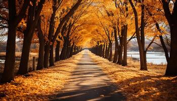 ai generiert Herbst Baum, Blatt, und Sonnenlicht erstellen ein beschwingt Wald Landschaft generiert durch ai foto