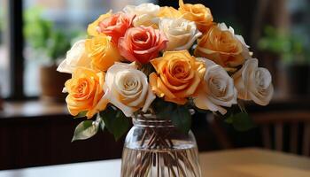 ai generiert romantisch Hochzeit Tabelle mit elegant Vase, Strauß, und Blume Anordnung generiert durch ai foto