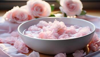 ai generiert Frische und Schönheit im Natur Rosa Blume Blütenblätter auf Holz generiert durch ai foto