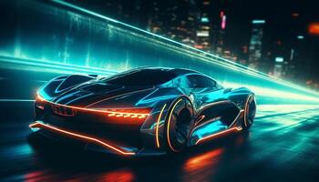 ai generiert ein futuristisch elektrisch Auto Geschwindigkeiten durch das Nacht, glühend Blau generiert durch ai foto