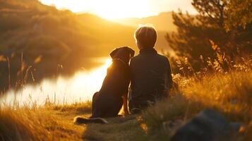 ai generiert still Sonnenuntergang Moment Person und Hund Bindung mit Blick auf See gebadet im warm glühen foto
