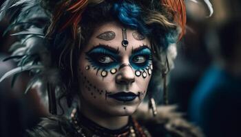 ai generiert ein jung Erwachsene Frau mit ein kreativ Halloween Gesicht Farbe generiert durch ai foto