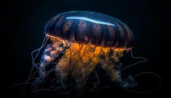 ai generiert glühend, durchscheinend Mond Qualle schwimmen im das tief, Blau Meer generiert durch ai foto