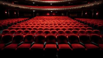 ai generiert leeren Auditorium, komfortabel Stühle, Bühne einstellen zum theatralisch Performance generiert durch ai foto