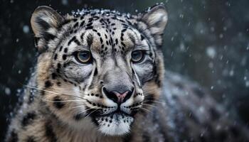 ai generiert Schnee Leopard starren, schließen hoch, wild Schönheit im Natur generiert durch ai foto