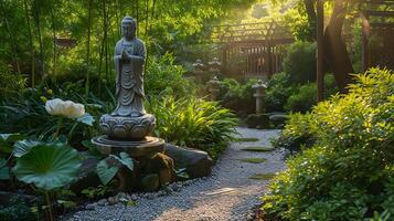 ai generiert heiter Garten gefüllt mit religiös Symbole gebadet im Sonnenlicht Pflege Harmonie Annahme und Betrachtung foto