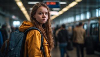 ai generiert jung Frauen warten beim U-Bahn Bahnhof, zuversichtlich und elegant generiert durch ai foto