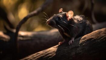 ai generiert süß pelzig Ratte Sitzung auf Zweig, suchen beim Nacht Wald generiert durch ai foto