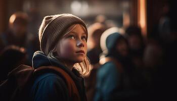 ai generiert jung Erwachsene lächelnd, draußen im Winter, Stadt Leben beim Nacht generiert durch ai foto