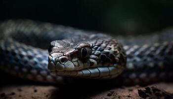 ai generiert schließen oben von ein giftig Viper gespenstisch Auge im das Wald generiert durch ai foto